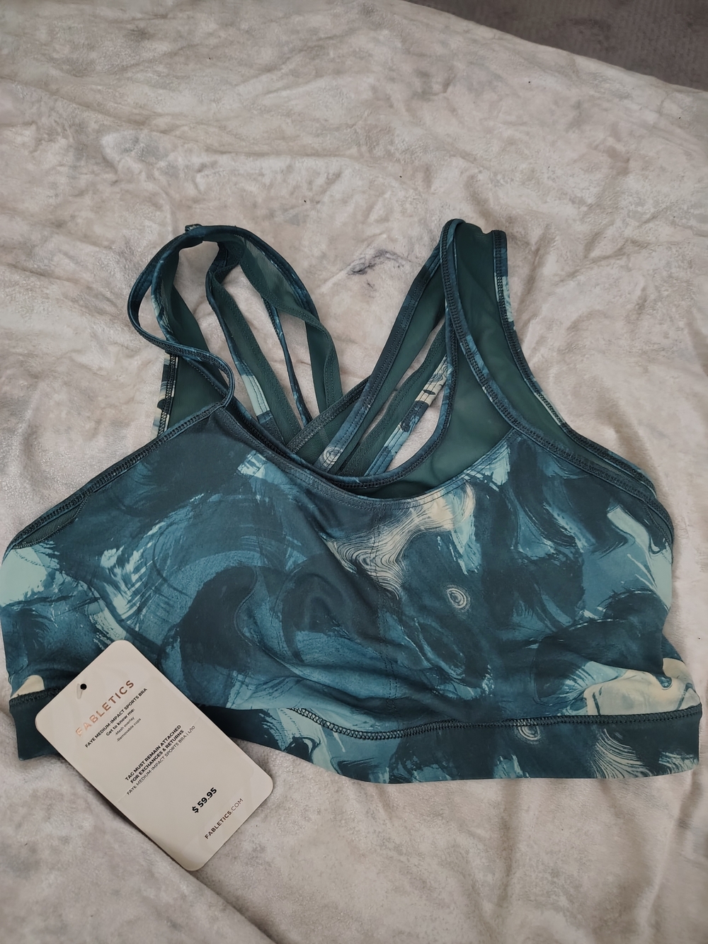 NWT Fabletics Teal Marble Strappy Sports Bra size LG.